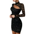 thumbnail image 2 of Women'S Glittering Long-Sleeved Lace Sheer Party Club Dress - Tight and Mini Dress Black XL, 2 of 8