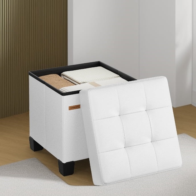 LEDREM 15-Inch Cube Storage Ottoman, 660 lb Capacity Foldable Footrest with 10 Gallon Storage, Synthetic Leather, Cloud White