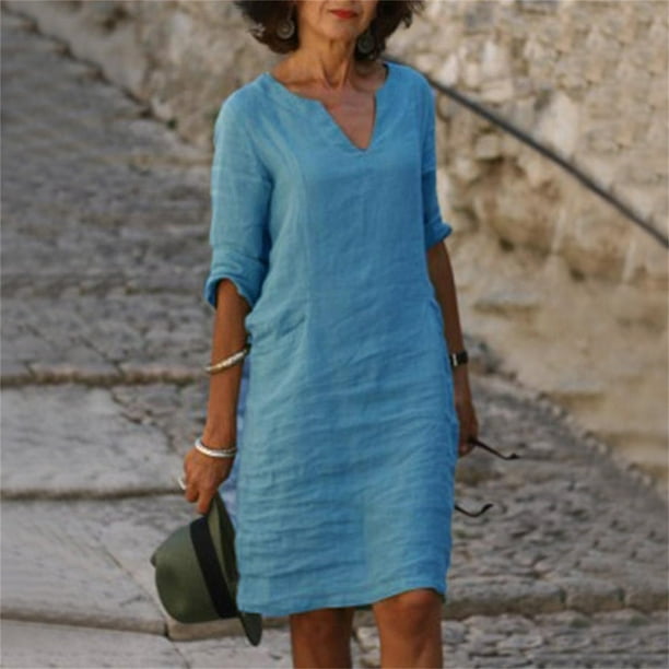 IDALL Summer Dresses,Petite Dresses Cotton And Linen Short Sleeve Holiday  Semi Casual Women'S V Neck Mini Dress Solid Color Women'S Dress Linen Dress,Modest  Dresses,Womens Dresses Blue Dress L - Walmart Business Supplies