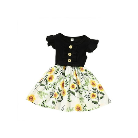 

Binpure Toddler Girl Summer Dress Fly Sleeve Bow Front One-Piece Dress Rib Knit Tops Floral Skirt