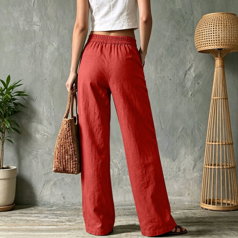 womens lined dress pants Lumtrix Womens Cotton Linen Dress Pants Button Down High Waisted Wide Leg  Business Casual Trousers with Pockets Back Elastic Waist Green M