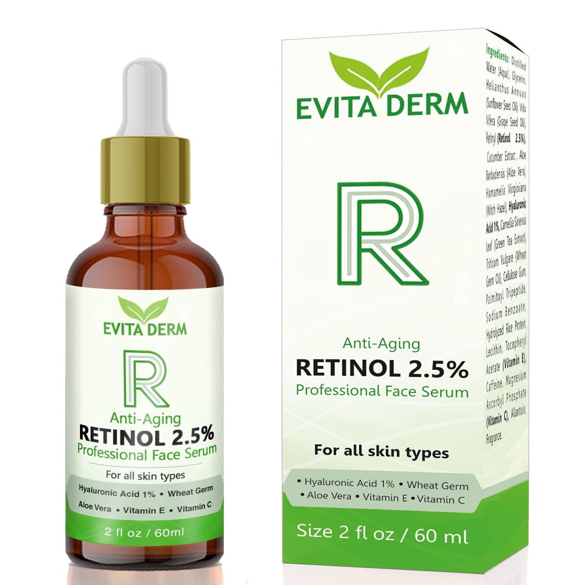 2.5 Retinol Serum Evita Derm 2oz w/Hyaluronic Acid & Vitamin C - Aging - Walmart.com