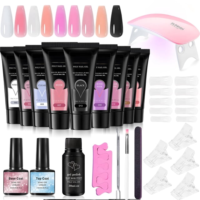 WOLADY Poly Nail Gel Extensión Kit, 9 Colores 15ml Kit de Esmalte de Uñas en Gel con Luz Ultravioleta, Base Top Coat, Líquido Sinovial y Herramientas de Manicura, Rega