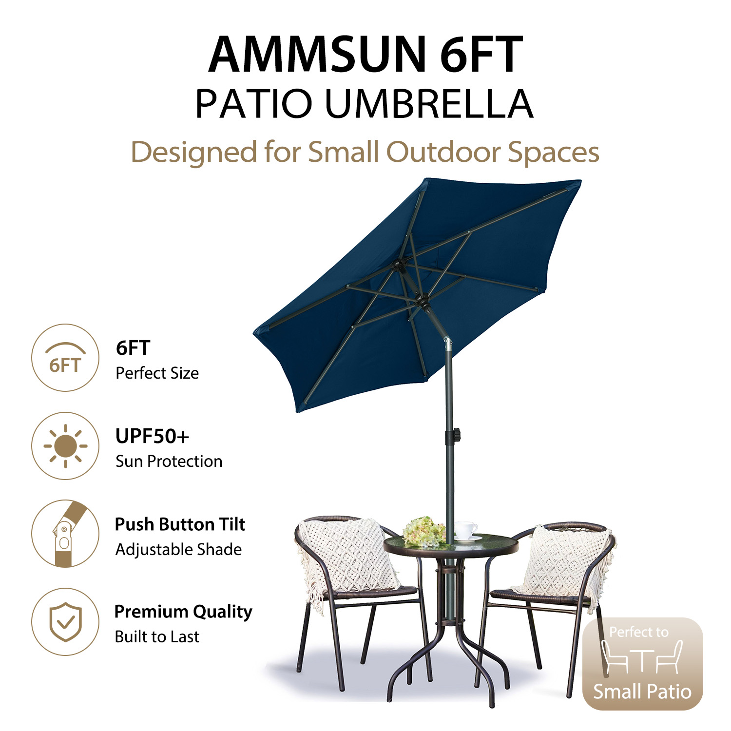 AMMSUN 6ft Round Patio Umbrella, Blue photo 2
