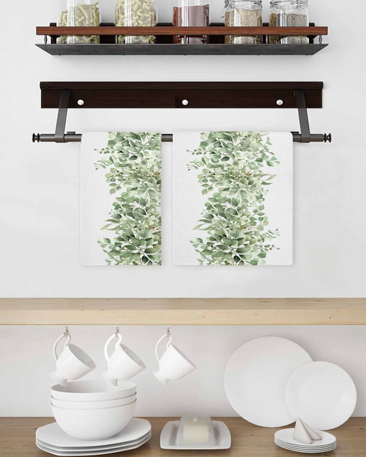 Sage Green Eucalyptus Leaves Hand Towels Set,Waffle Weave Kitchen Towels 3Pcs,Spring Summer Botanical Floral Microfiber Hair Face Bath Tea Towel Absorbent Cleaning Dish Cloths 15.7"x23.6"