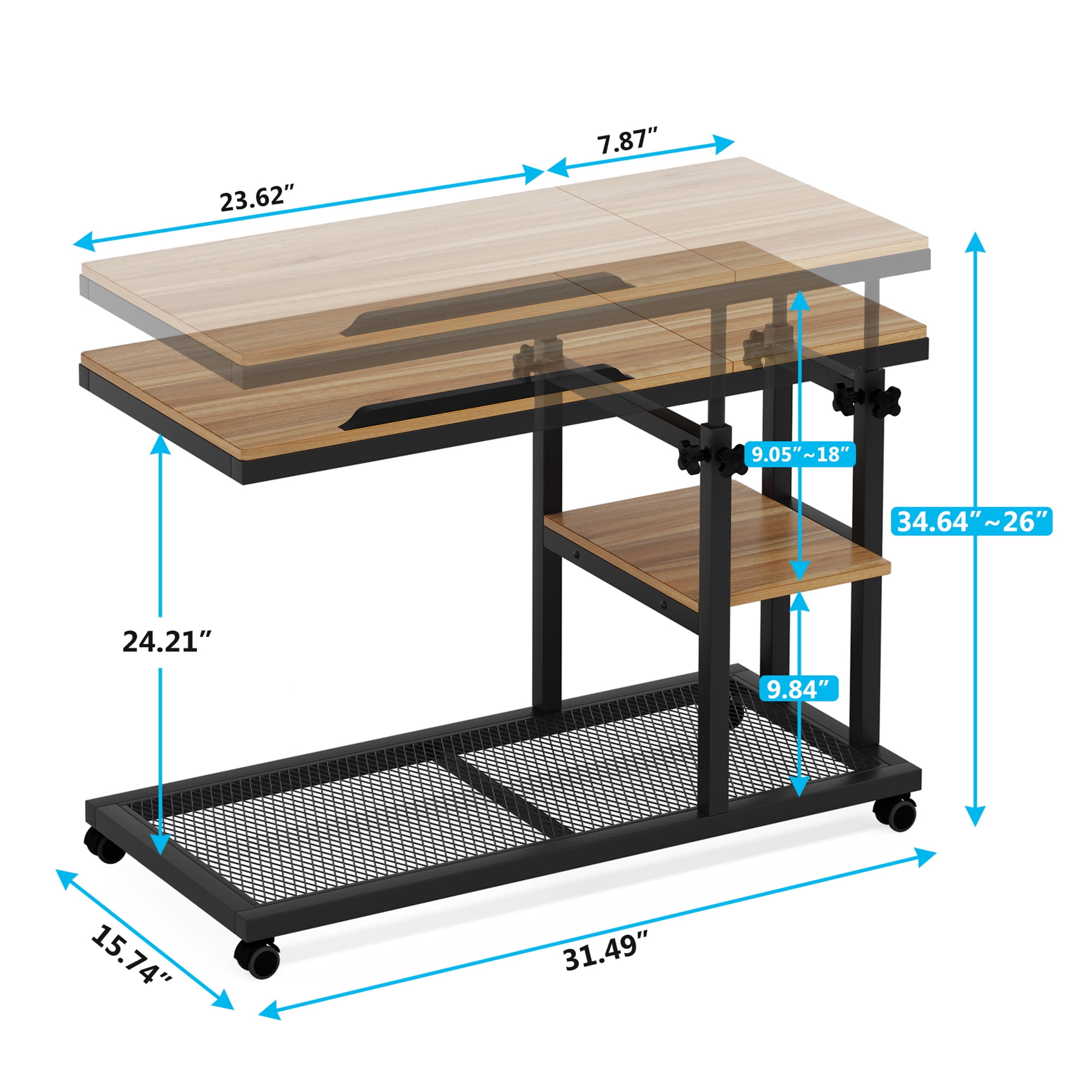 MAYEETY Height Adjustable C Table with Wheels Tiltable Top 2-Tier Sofa Snack Side Table