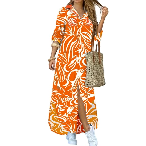 Oyyn Women's Long Sleeve V-Neck Maxi Shirt Dress, Casual Elegant Fashion, 1 Count