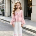thumbnail image 2 of yboeqw Girls 2 Piece Outfit Set Square Neck Bow Lace Long Sleeve Top & Wide Leg Pants Cute Casual Matching Clothes for 7-12 Year Old Girls,Size 7-8 Years, 2 of 9