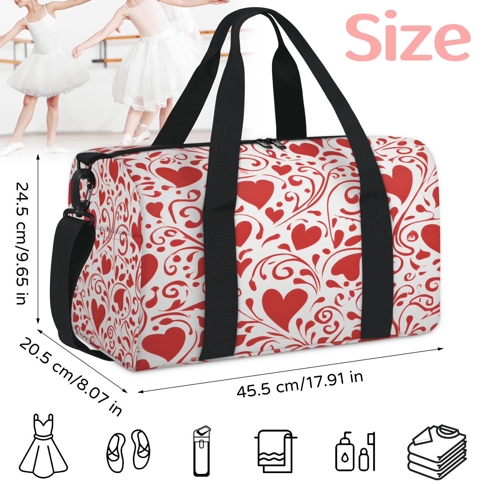 Herdesigns Red Love Gym Bag for Women, Duffle Bag for Travel Sport, Valentine's Day Lightweight Waterproof Carry on Weekender Dance Yoga Workout Bags