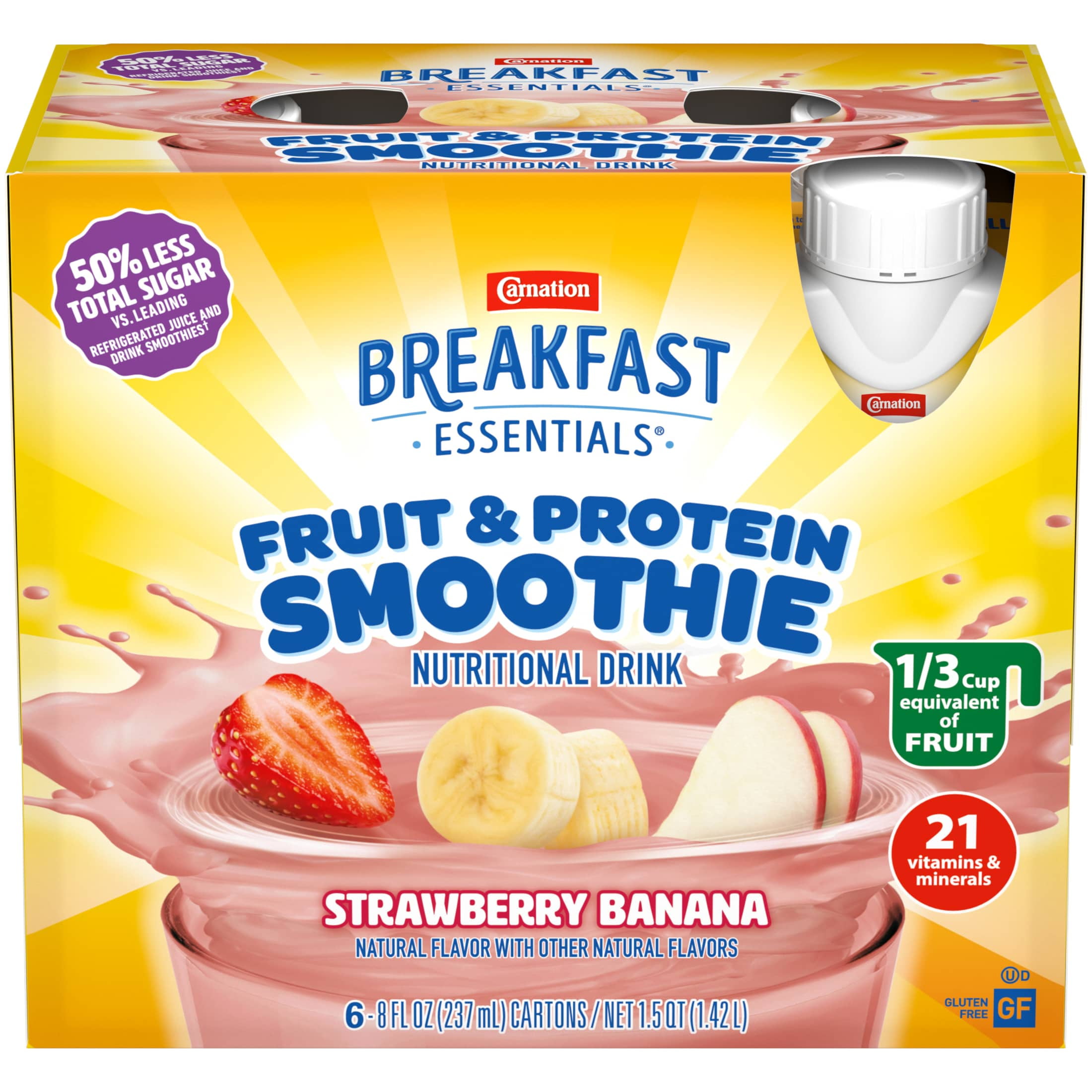 (4 pack) Carnation Breakfast Essentials Fruit and Protein Smoothie, Creamy Strawberry Banana, 8 fl oz, 6 Pack