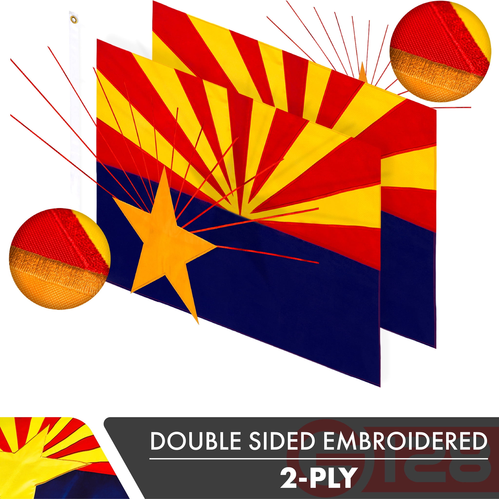 G128 – Arizona State Flag | 3x5 feet | Double Sided Embroidered 210D – Indoor/Outdoor, Brass Grommets, Heavy Duty Polyester, 2-ply
