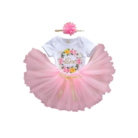 

Canrulo 3Pcs Toddler Baby Girls 1st Birthday Clothes Short Sleeve Romper Jumpsuit Tutu Skirt Dress Flower Headband Outfits Pink 0-6 Months