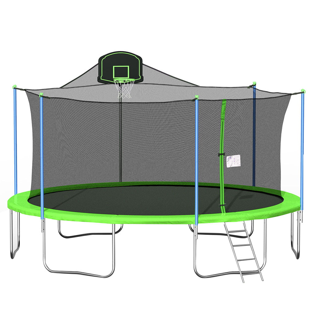 GeweYeeli Trampoline 16ft Round Rebounder with 360° Safety Net & Basketball Goal Kids Bounding Bed for Outdoor