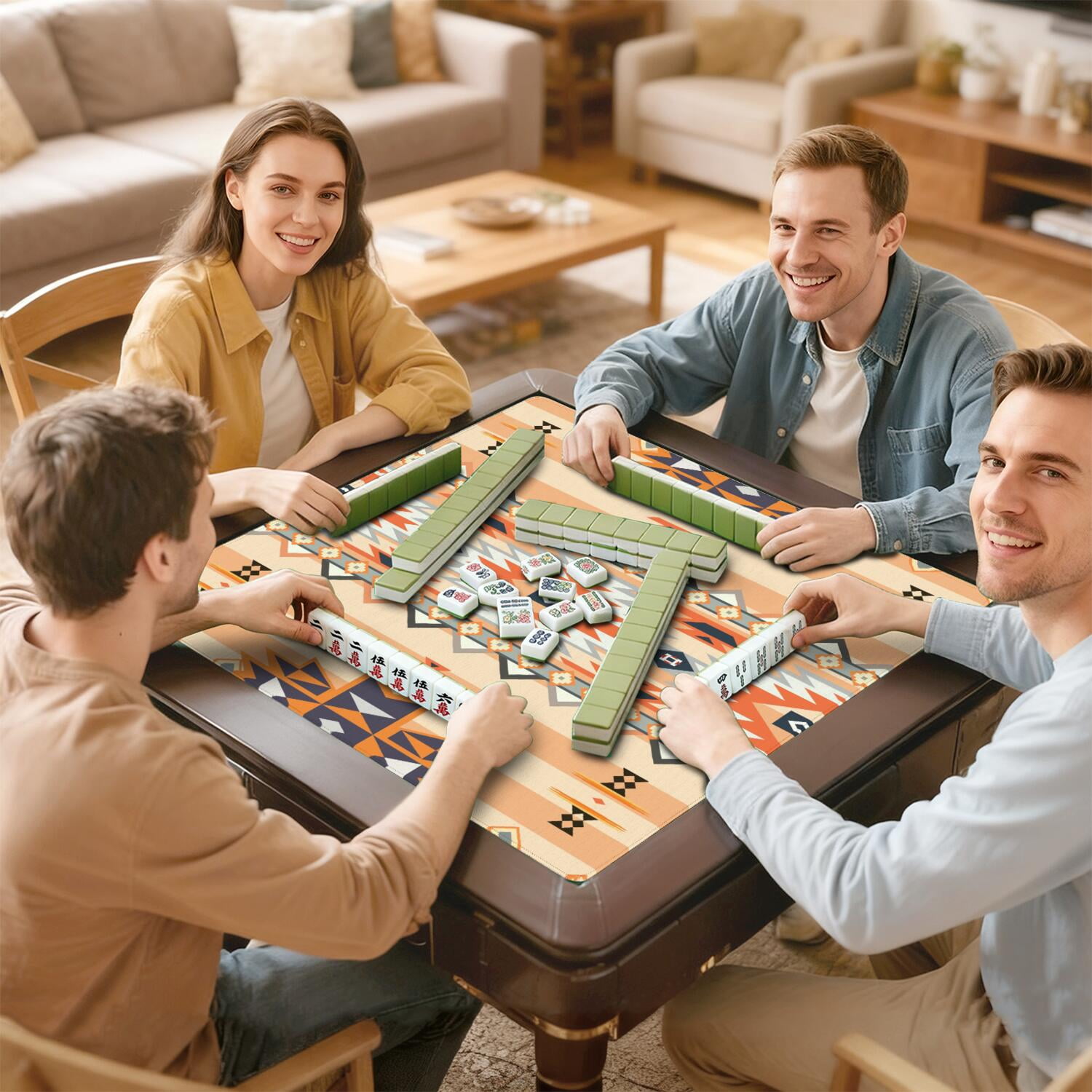 Boho Design Extra Large Rubber Playing Pad 31.5 Inch Square Mahjong Table Mat Features Non-Slip Grip and Noise Reducing Properties for Tiles and Cards