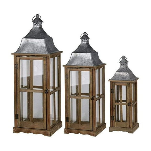 Wood & Metal Lanterns Set - 3 Indoor Outdoor Decorative Lanterns for Candles & Plants