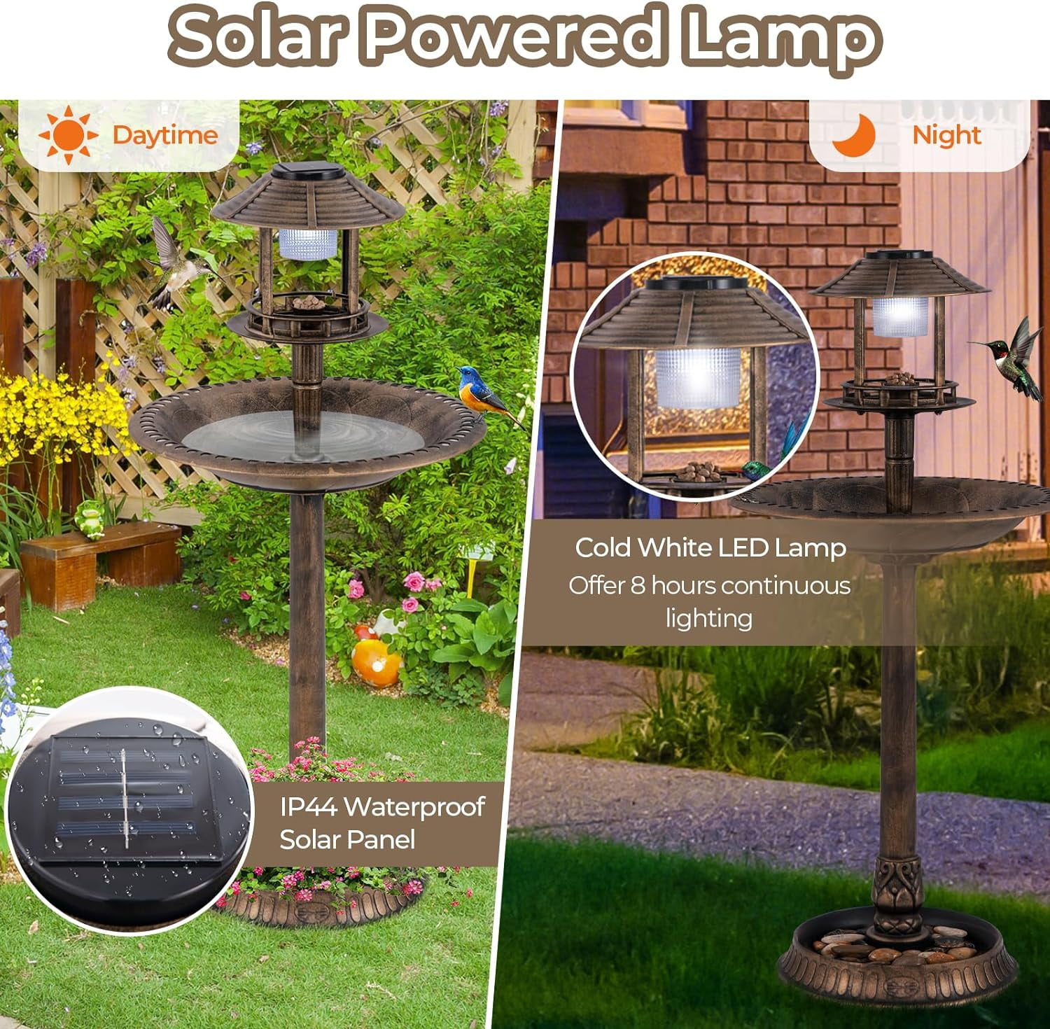 WBTER 42 inch Bird Bath Solar Lighted, Pedestal Bird Bath with Bird Feeder, Flower Planter Base, Solar Powered Lamp, 3 Ground Stakes, Standing Birdbath for Outside Garden Yard Outdoor (Bronze)