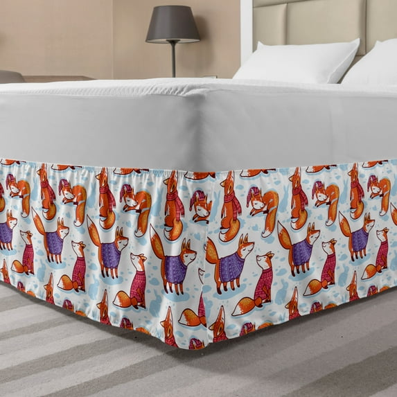 Fox Bed Skirt, Snow Foxes with Winter Sweaters and Scarf Cartoon Vulpe Friends in Cozy Environment, Elastic Bedskirt Dust Ruffle Wrap Around for Bedding Decor, 4 Sizes, Multicolor, by Ambesonne