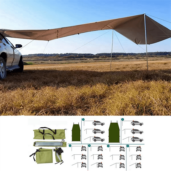 Portable Car Shelter Shade Camping Side Car Roof Top Tent Anti-UV Sunshade Waterproof Awning Parasol Rain Canopy,Gray
