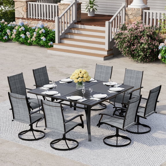 9-Piece Outdoor Dining Set for 8 with Adjustable Umbrella Hole & 8 Swivel Chairs, Square Iron Table & Weather-Resistant Design for Patio, Deck, Backyard, Poolside (Gray/Brown/Blue)