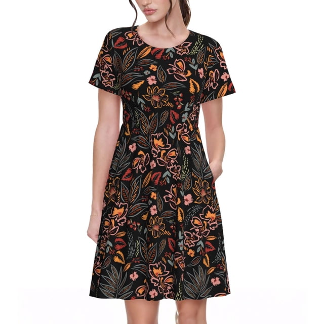 Easygdp Floral para Vestido Transpirable de Mujer, Vestido Suelto de Manga Corta con Pliegues y Bolsillos para el Verano