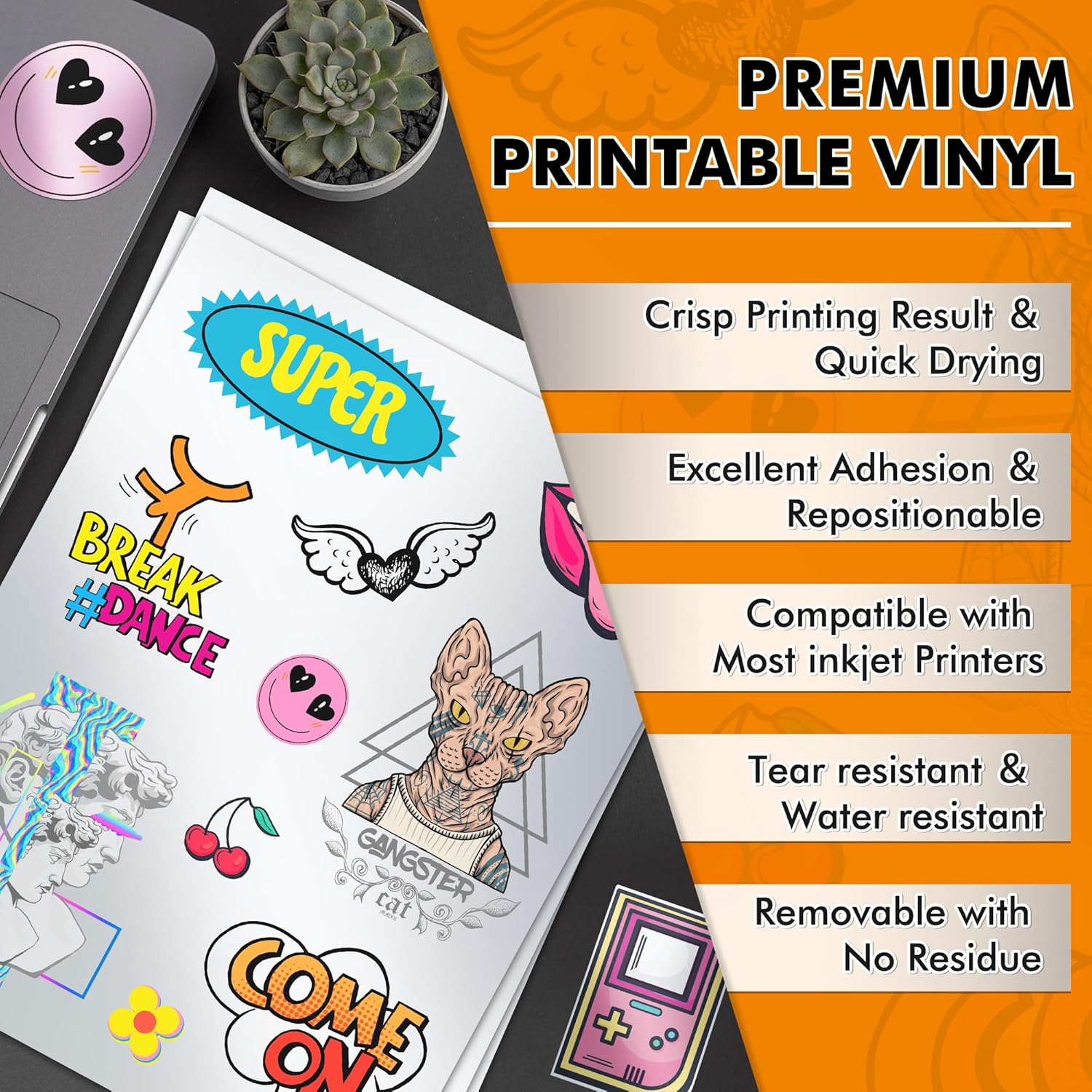KOALA Printable Matte Silver Vinyl Sticker Paper for Inkjet Printers 60 Ct, Waterproof Sticker Paper for Printers 8.5x11, Cutters