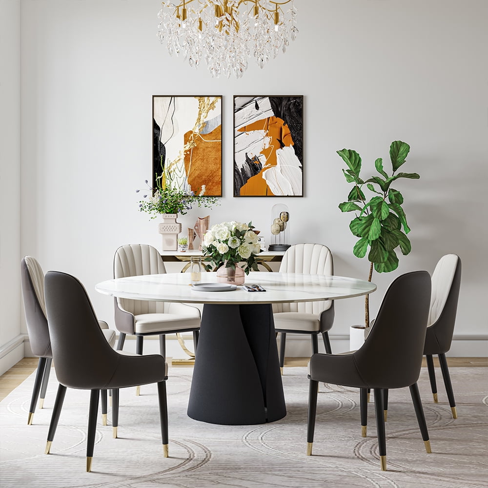 POVISON 47"Modern Round White Dining Table for 4, Matte Sintered Stone Tabletop, Solid Black Carbon Steel Base