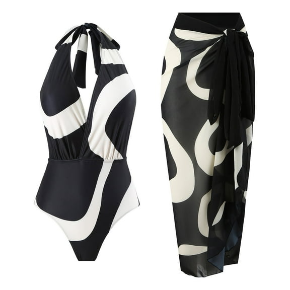 WREESH Womens One Piece Swimsuit Print Swim Suits Beach Cover Ups Swimwear Bikini Swimsuit Long Skirt Chiffon 2 Pcs Set Sleeveless Bathing Suits Black