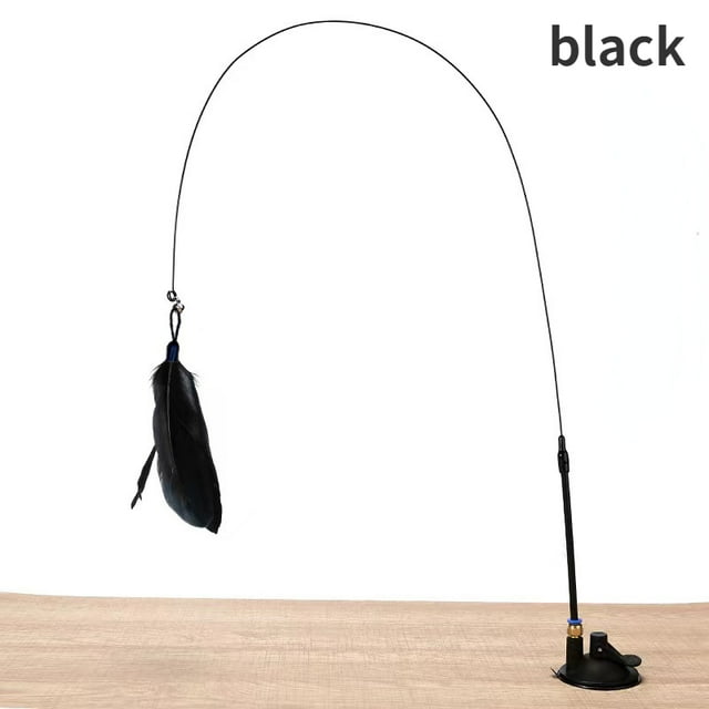 Interactive Cat Teaser Stick Toy Suction Cup Base Detachable Handheld with Bell Storage Portable Feather Stick Cat Toy Play Black