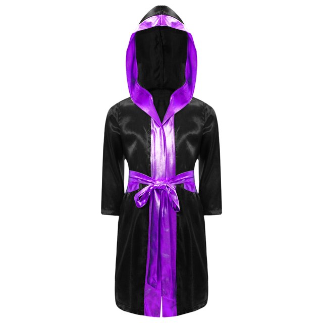Alvivi Enfants Garçons Robe de Boxe Art Martial Muay Thaï Uniforme Manches Longues Kick Boxe Robe à Capuche Ensembles Noir&Violet B 10