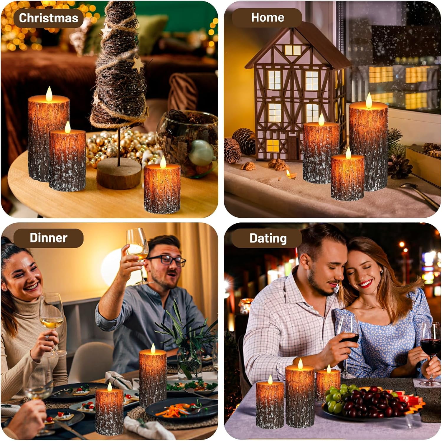 Flameless Candles Set of 3 with Remote - Pine Bark LED Pillar Candles, Battery Operated Flickering Timer for Farmhouse Decor D3 x H4 5" 6"