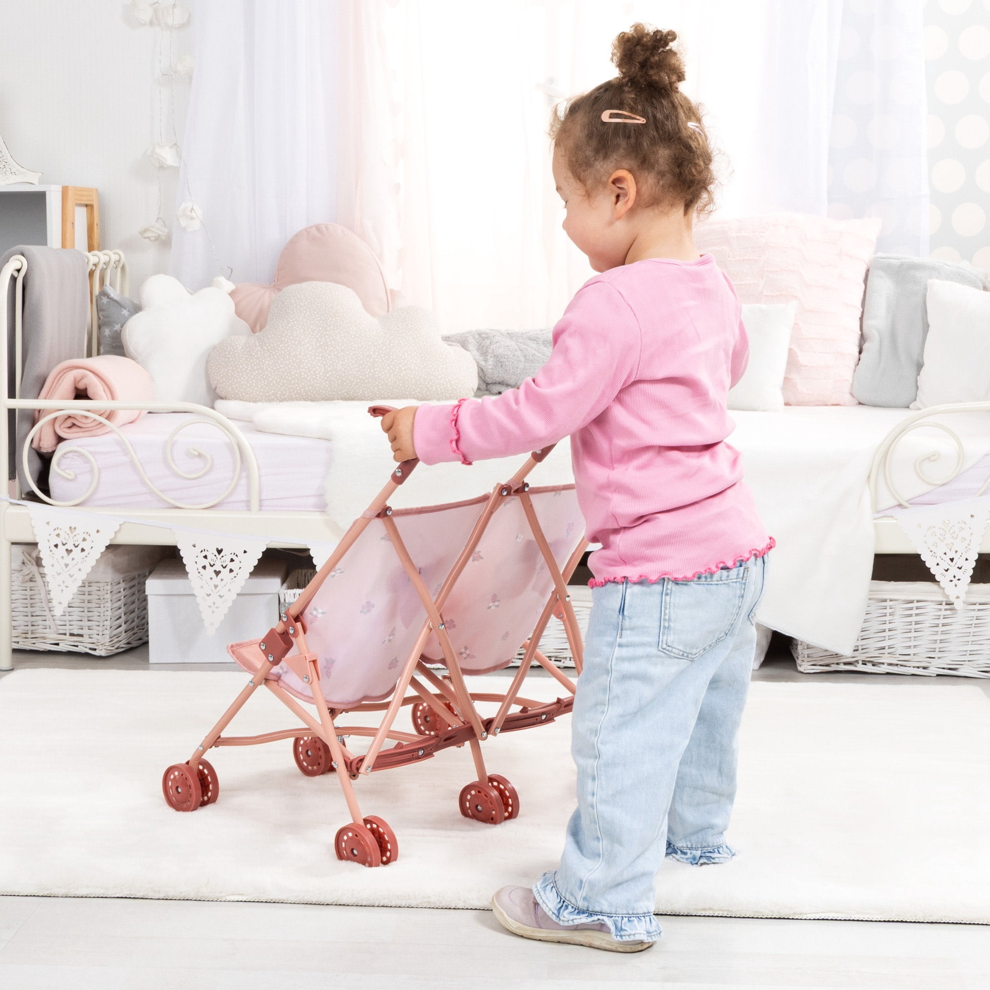 Bayer Design: Doll Twin Buggy - Pink & Flowers - Umbrella Push Stroller, Foldable, Side-By-Side Seats, Roleplay Toy Fits 18" Dolls, Kid-Toddler 18mo+