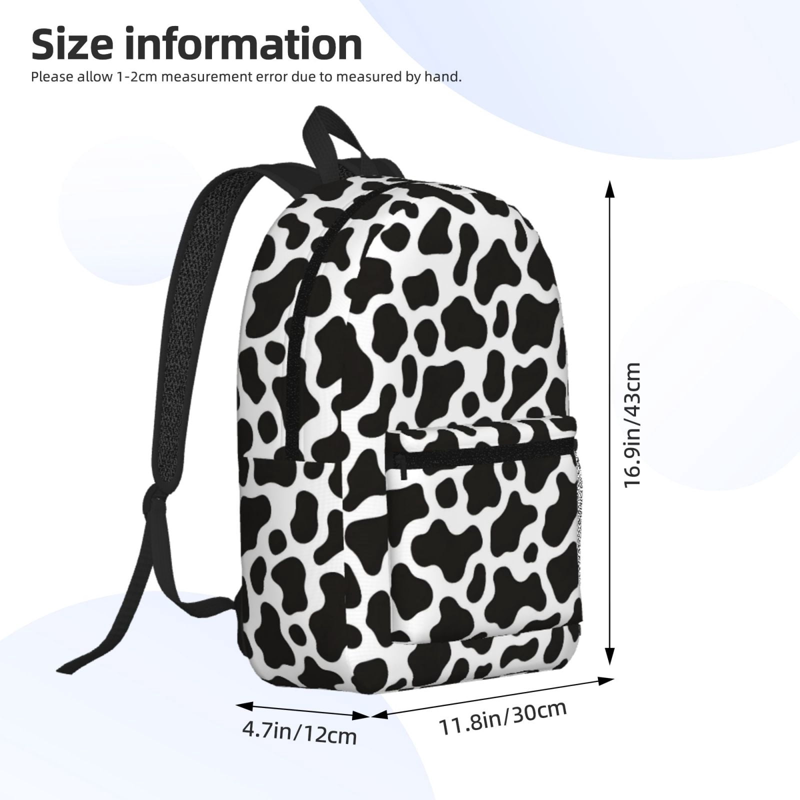 17in Backpack With Pocket Adjustable Shoulder Strap Large Capacity Zipper Opening And Closing Double Pull Head Zipper For Work Travel Sports Black White Cow Print