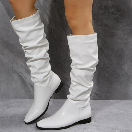 

ERTUTUYI Ladies Fashion Solid Color Leather Wrinkled Pointed Toe Flat Long Boots White 41