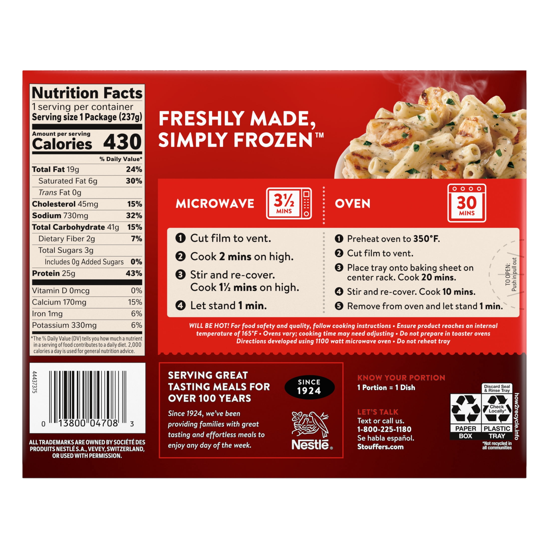 Stouffer’s Chicken Pesto Rigatoni, Single Serve, Frozen Chicken Pasta, Single Frozen Meal 8.375 oz