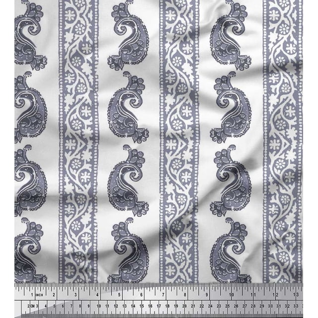 Soimoi Gray Poly Georgette Fabric Stripe & Paisley Block Print Sewing Fabric Yard 52 Inch Wide