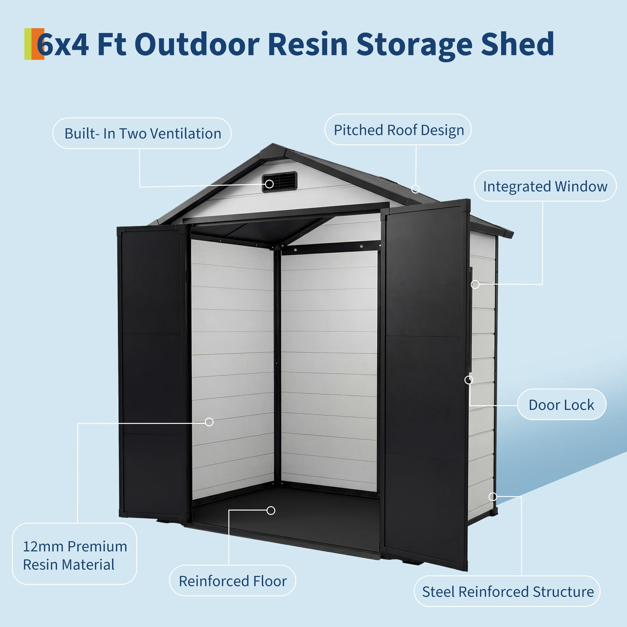 6x4 FT Plastic Resin Outdoor Storage Shed with Floor, Weatherproof Garden Shed with Window & Lockable Door for Tools, Bikes & Lawn Mowers-Gray+ Black