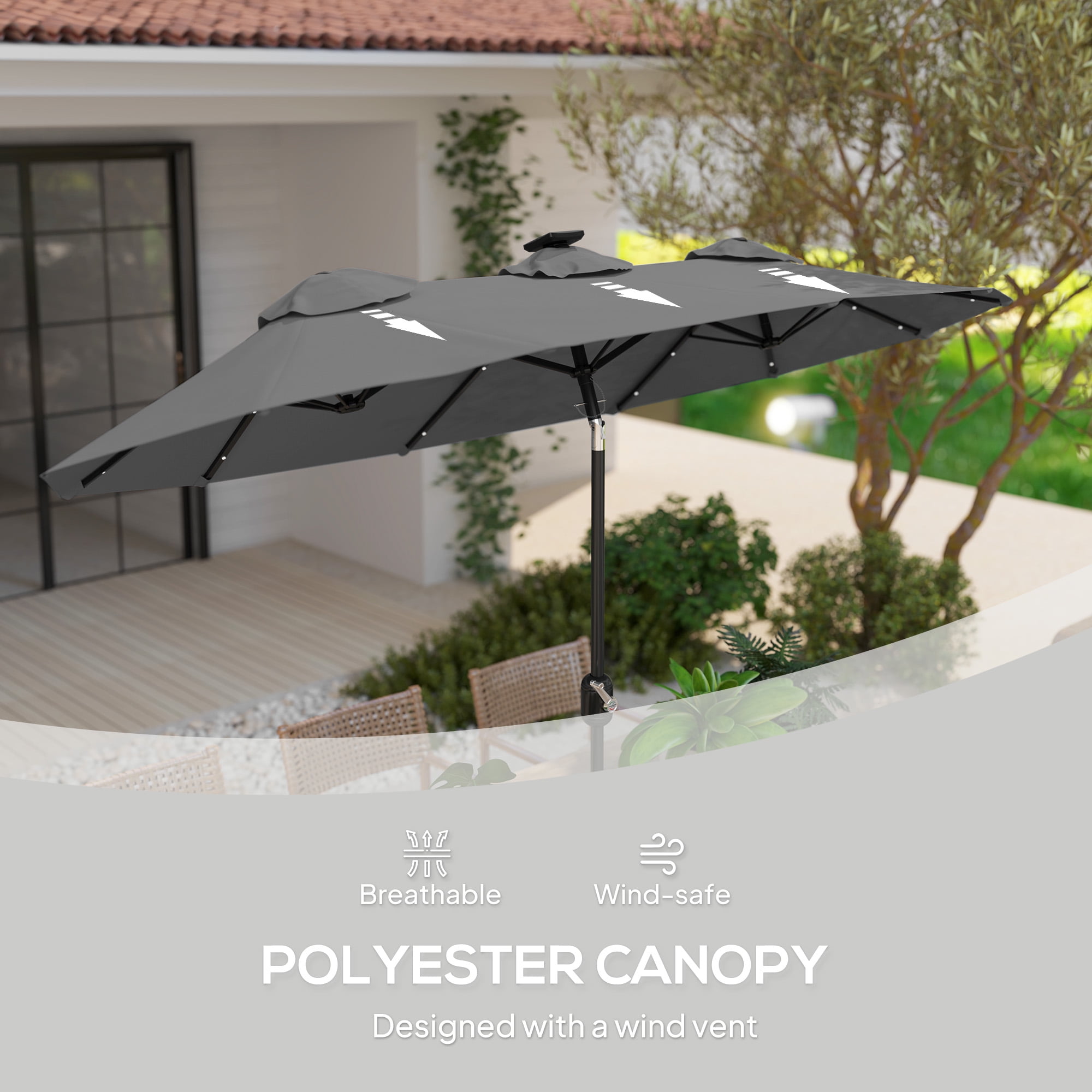 Outsunny 9.7' Double-sided Patio Umbrella with LED Solar Light, Tilt and Crank, Outdoor Umbrella, Gray