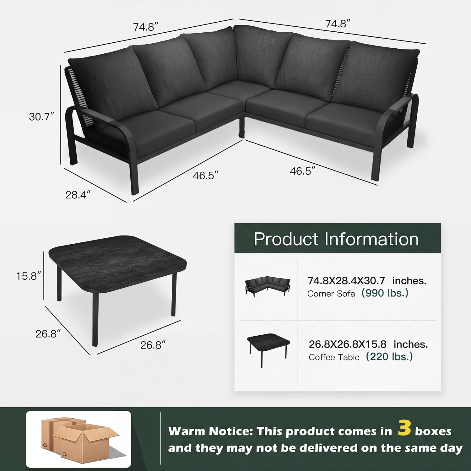CozyJoy Aluminum Outdoor Corner Sofa Set with Coffee Table – Rattan Backrest Patio Lounge Furniture for Courtyard and Balcony ,Grey