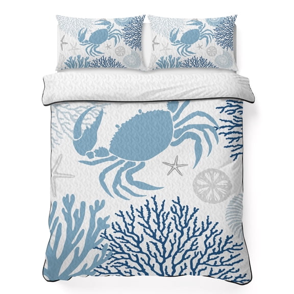 Twin XL Quilt Set 68''x98'', Coastal Blue Crab Lightweight Bedspread Coverlet Set with 2 Pillow Shams, Coral Starfish Ocean Conch Nautical Breathable All Season Quilt Bedding for Dorm/Guest Room