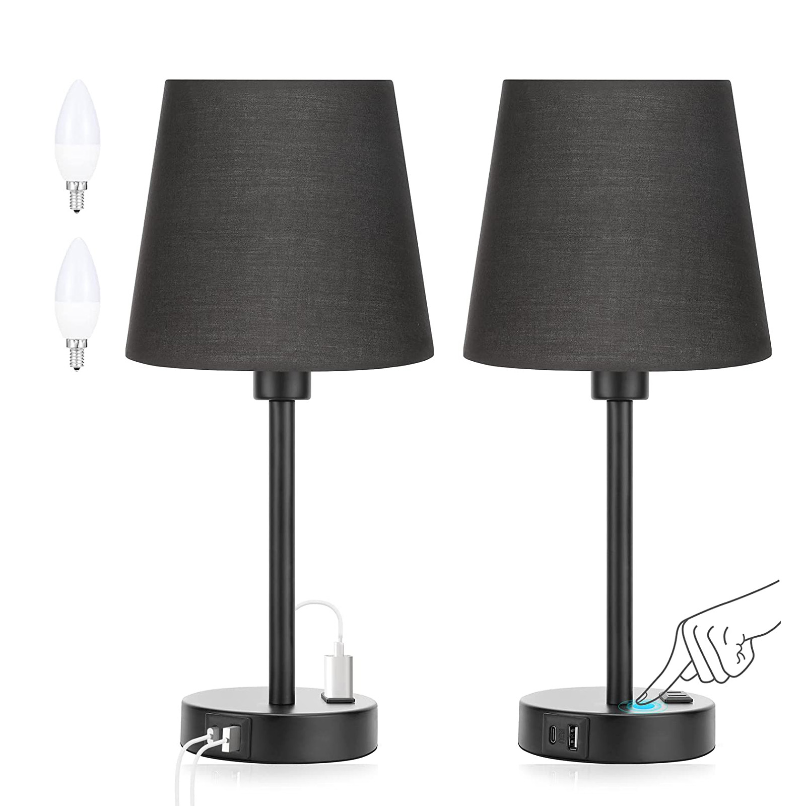 2pack Black Lamp for bedrooms Nightstand Bedroom Lamp with USB C