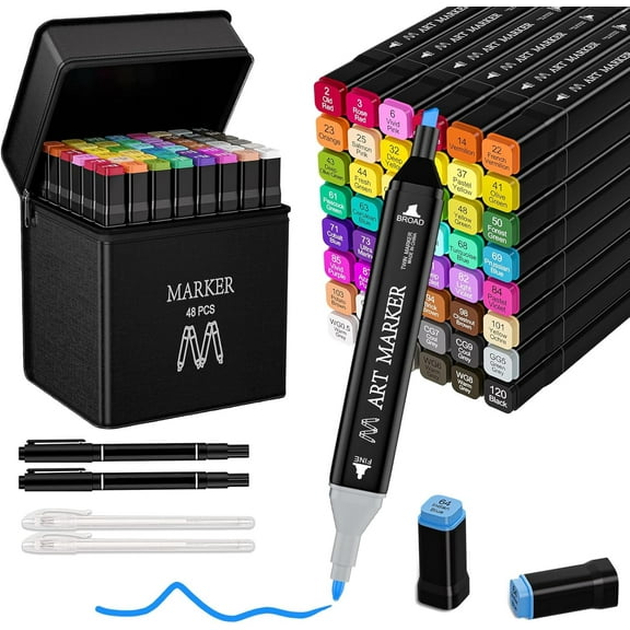 Alcohol Markers 48 Colors Dual Tip with Carry Case - Blending Art Pens for Drawing, Sketching, Adult Coloring Books & Comics