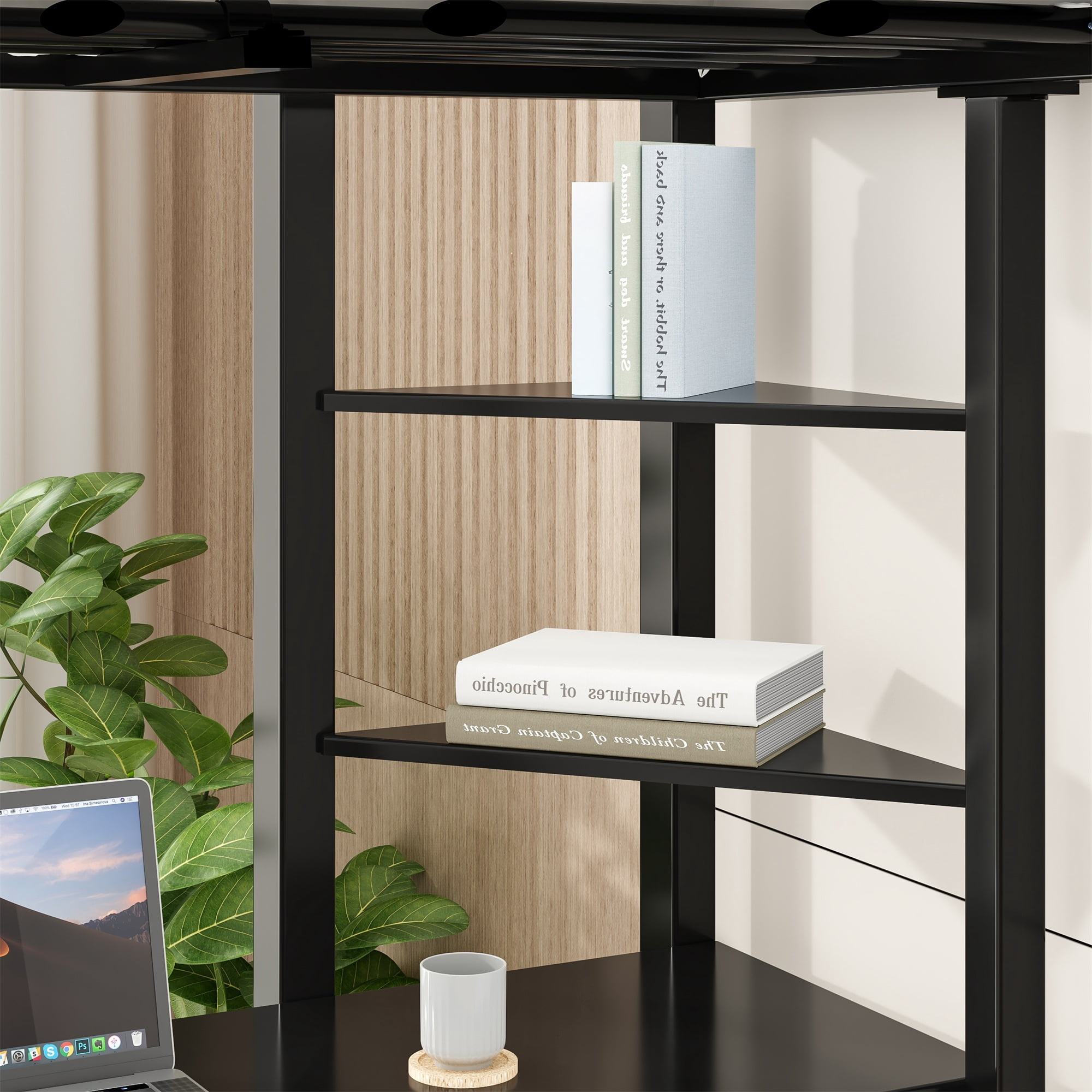 Alvantor Twin Size Loft Bed Frame with Desk & Open Shelves, Heavy Duty Metal Bed Frame for Boys Girls Teens Black