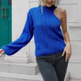 thumbnail image 2 of Suéter de un hombro para mujer, cuello redondo, color sólido, informal, un hombro, manga larga, suéter de punto, Top azul S, 2 of 6