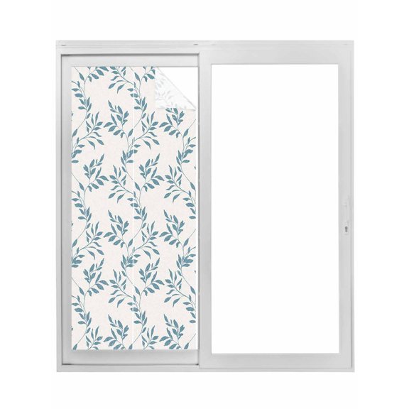 Blue Leaves Window Privacy Film, Modern Minimalist Leaf Botanical Vintage Static Cling UV Sun Blocking Tint Film Heat Control Windows Films for Bedroom Bathroom, Window Stickers 23.6"x59"