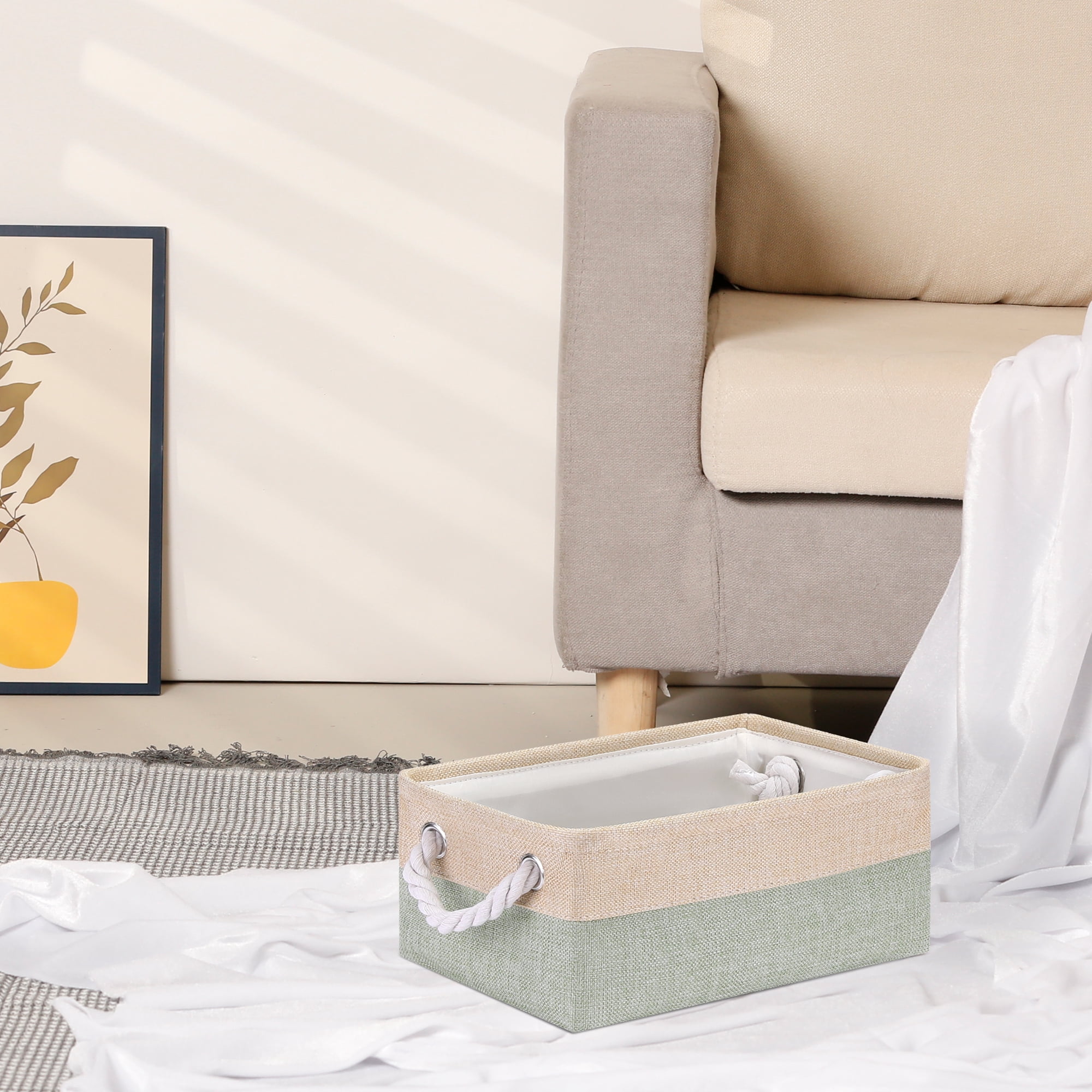 Unique Bargains Storage Bin with Handle Fabric Cube Green/Beige 12.5*8.5*5in
