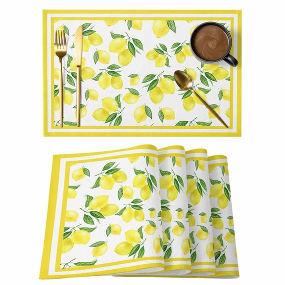 Summer Lemon Placemats Set of 12, Fruit Farmhouse Leaf Yellow Edge Non-Slip Place Mats Washable Table Mats for Kitchen Dining Table Decorations Indoor/Outdoor