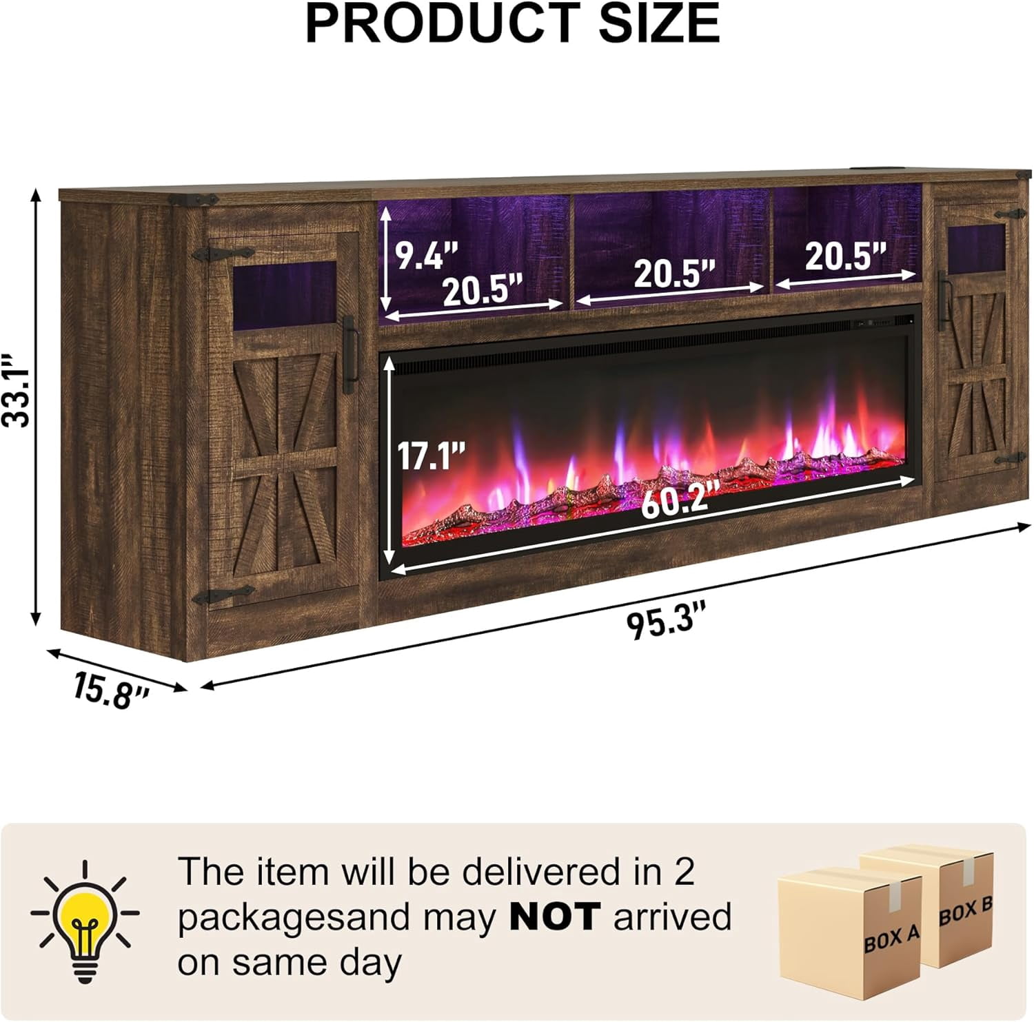ChVans 95" Farmhouse Fireplace TV Stand for 90/100"TV with 60'' Electric Fireplace, LED Large Entertainment Center with Lights & Power Outlets & 2 Barn Doors Storage Cabinet for Living Room, Brown