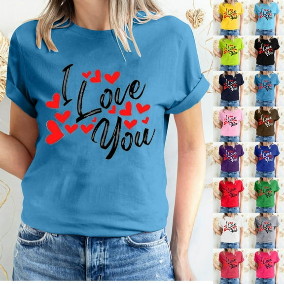 Fesfesfes Women Tees Women's Valentine's Day Love Printed Short Sleeved T-shirt Top Short Sleeved Round Neck Top/Shirt Workout T Shirts for Women M(US:6)