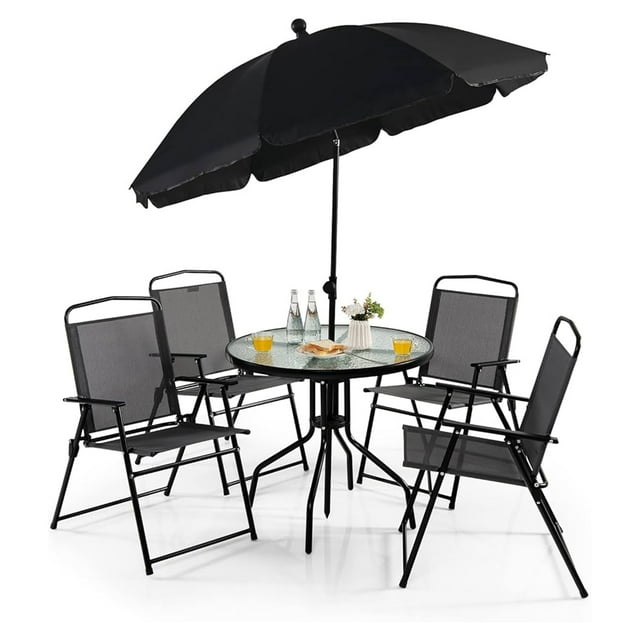 Comedor de Jardin con Mesa Redonda de Cristal Templado y Sillas de Tela con Estructura de Acero - Desayunador con Sombrilla Plegable para Patio Jardin y Exterior Negro Gaon