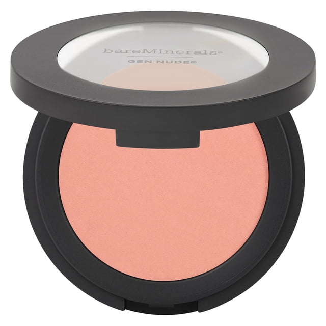 blush bareminerals gen nude powder pretty en rosa — envase redondo negro con tapa transparente, rubor en polvo rosa melocotón de superficie lisa y textura sedosa con acabado difuso, vista cenital frontal del producto abierto.